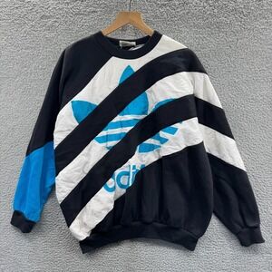 VINTAGE Adidas Sweatshirt Mens Medium All Over Print Black Blue White